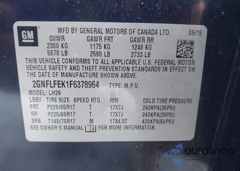 2015 Chevrolet Equinox 1Lt из США, поврежденный, VIN 2GNFLFEK1F6378964